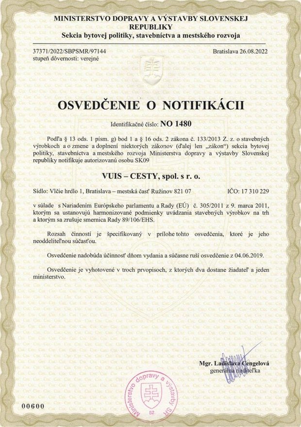 Osvedčenie o notifikácii s identifikačným číslom 1480