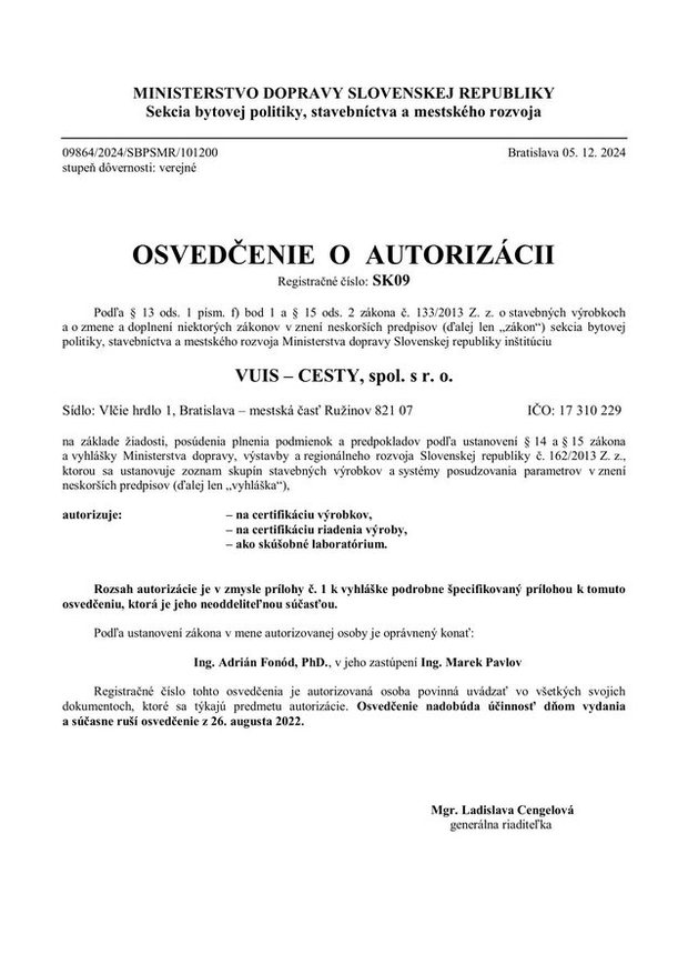 Osvedčenie o autorizácii s registračným číslom SK09